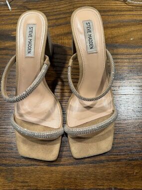 Steve Madden Beige Suede Crystal-Trim Slide Heels